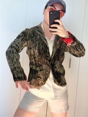 Vintage Alberto Makali Women's Olive Green Velvet Embroidered Blazer Size S